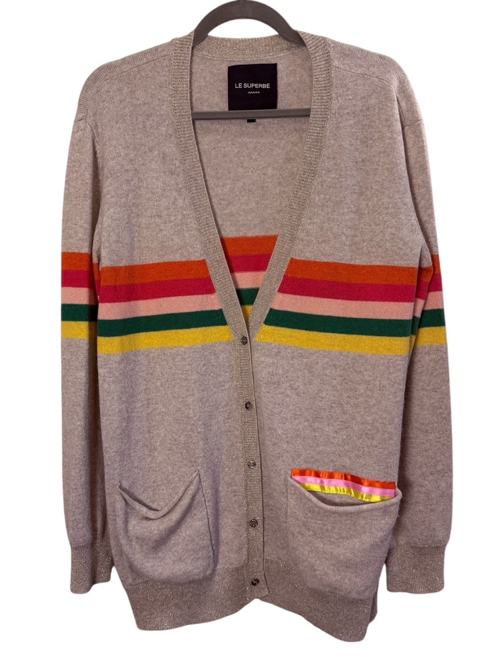 Le Superbe Beige Wool/Cashmere Cardigan with Multicolor Stripes Gold Accents